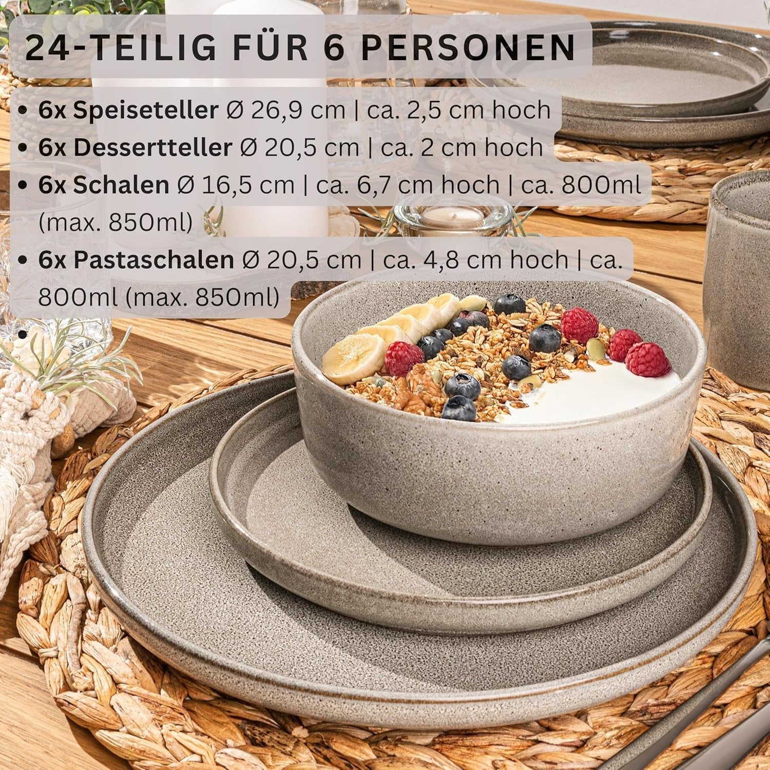 SÄNGER Cairo Clay | 24-teiliges Geschirrset, Steinzeug-Geschirrset für 6 Personen, 6 Teller, 6 Dessertteller, 6 Nudelschalen, 6 Servierschüsseln, graues Geschirrset | DIE VALUE-KOLLEKTION