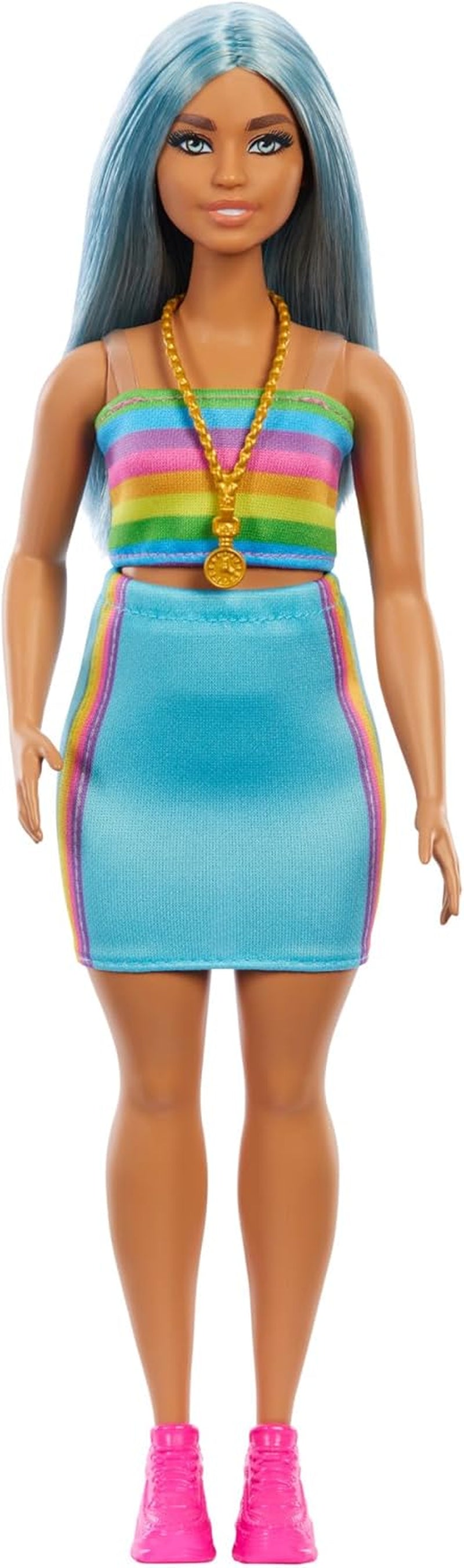Barbie Fashionistas Puppe Nr. 218 mit langen blauen Haaren, Regenbogenoberteil und türkisfarbenem Rock, Sammlermodepuppe zum 65. Geburtstag, HRH16 Naty Shop Dolls