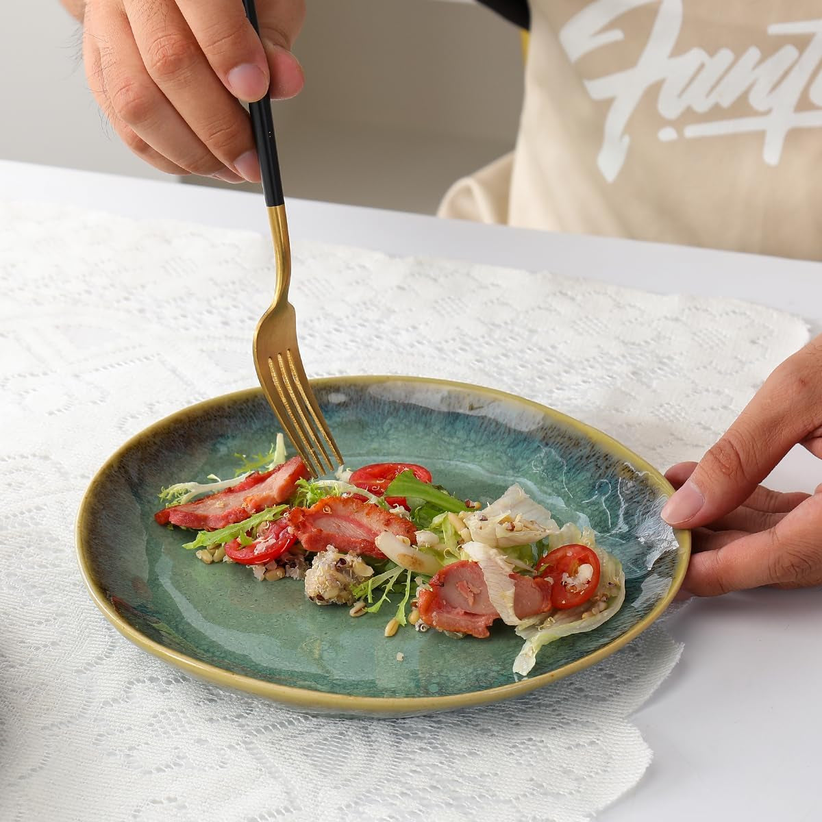 Henten Home Special Steinzeugteller, Snack- und Saucenschalen – 20 x 17 cm für 4 Personen, Frühstücksteller aus Porzellan – modernes grünes Design