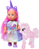 Simba Evi Love Einhorn-Spielpuppe trägt ein süßes Einhornkleid mit passendem Stirnband, inklusive Einhorn mit Stall, Äpfeln und einer Trinkflasche, 12 cm, ab 3 Jahren