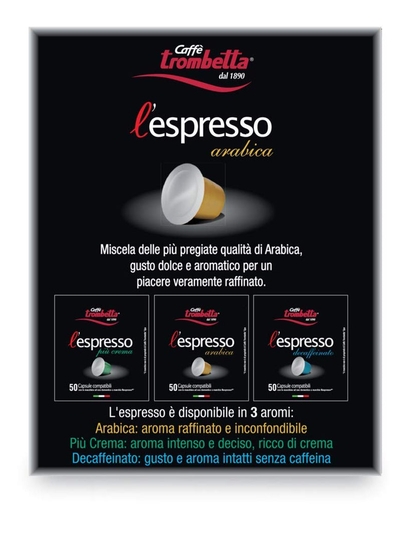 Caffè TROMBETTA L'Espresso, Italienischer Kaffee Nespresso kompatible Kapseln. Aus 100% Arabica mit einem vollmundigen und körperreichen - 50 Kapseln, 50 Stück (1er Pack)