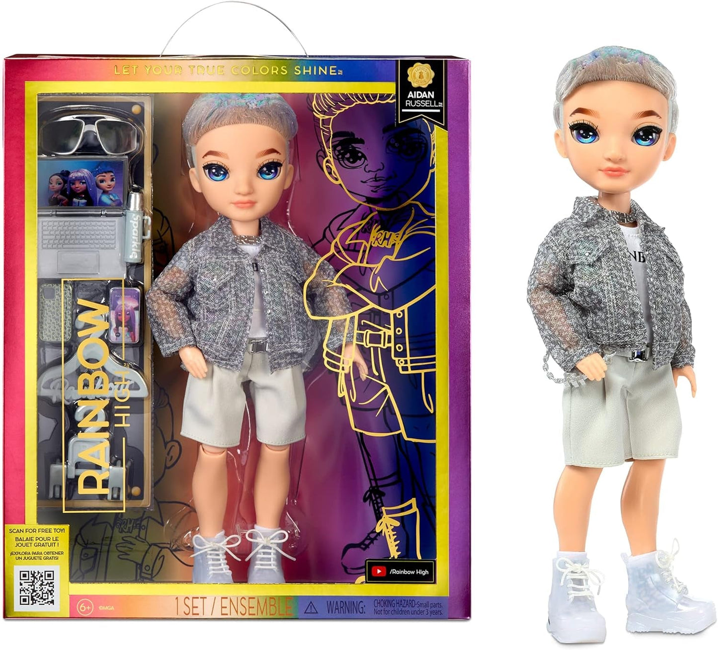 Rainbow High Fashion Doll – Aidan Russell – Purple Boy Doll – Modisches Outfit und mehr als 10 bunte Spielzubehörteile – Für Sammler und Kinder im Alter von 4–12 Jahren