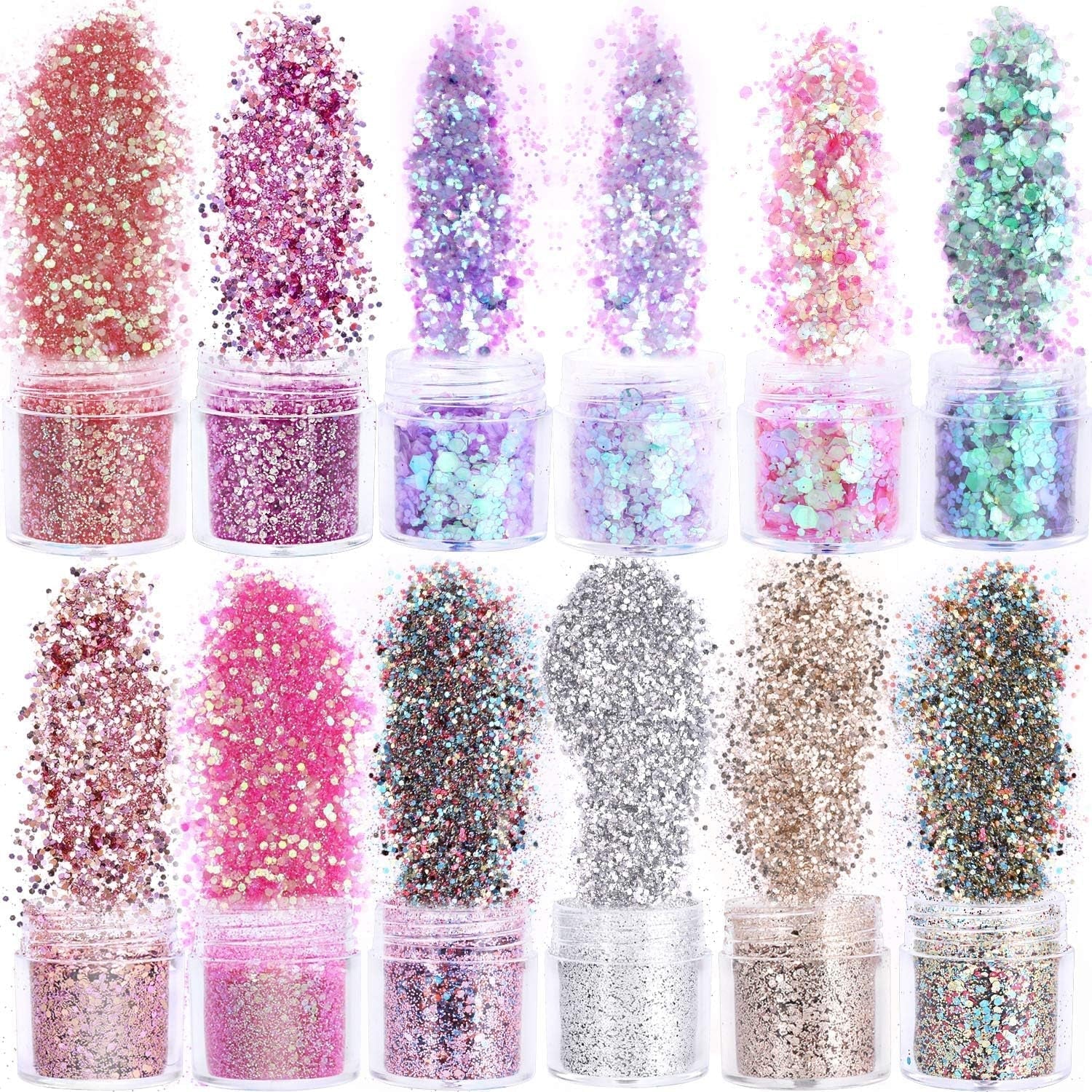 HOWAF 12 Boxen Nagelglitzer, Gesicht, Körper, Pinsel, Glitzer, Make-up, Nagelglitzer, Augen, Lippen, Haare, Körper, Dekoration, Halloween, Weihnachten, Festival, Maskerade, Make-up-Zubehör