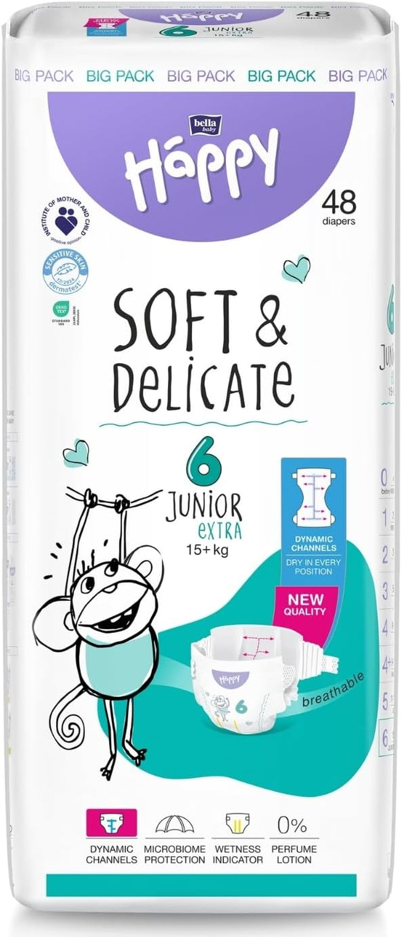 Bella Baby Happy Premium Windeln, Größe 6, Junior Extra, 15+ kg, 96 Stück, DERMATEST und OEKO-TEX Siegel, Einweg-Babywindeln
