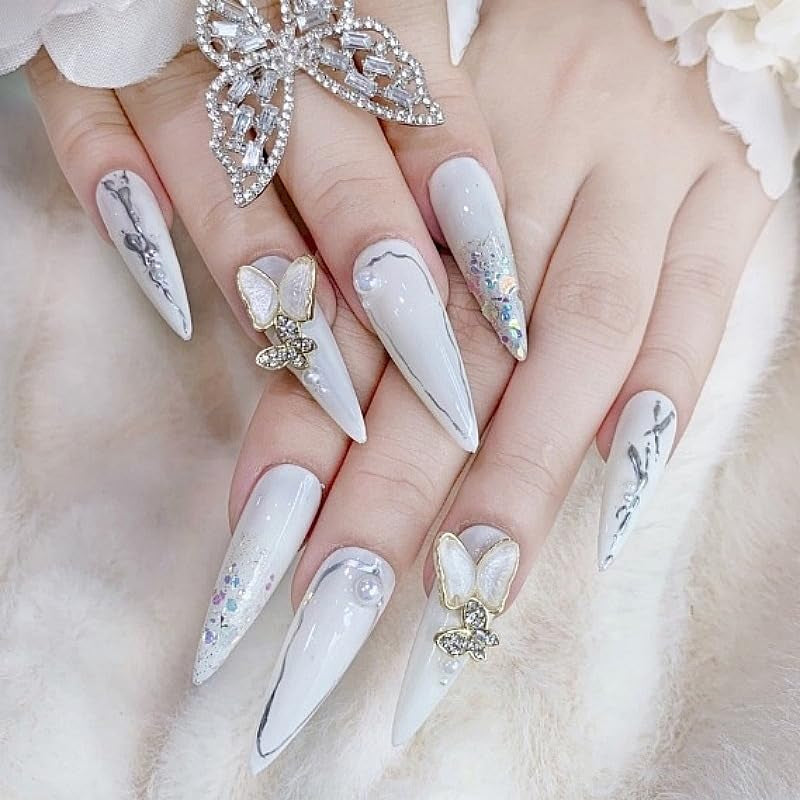Moonglow Lange Nägel Stiletto Milchweiß Rosa Farbverlauf Glitzer Coole künstliche Nägel mit Kleber Rosa Ombre Glitzer Künstliche Nägel