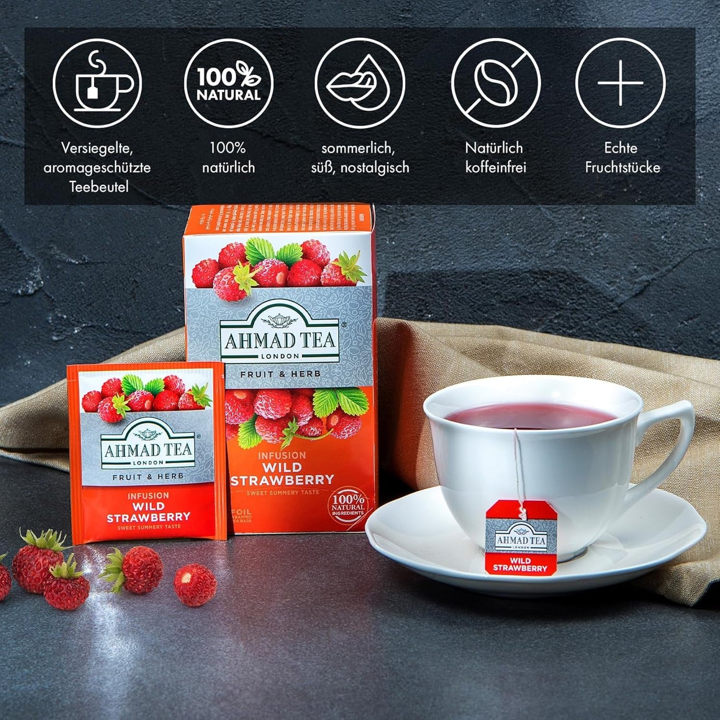Ahmad Tea – Walderdbeere – entkoffeinierter Früchte- und Kräutertee – Erdbeere – aromatisiert, einzeln verpackte Teebeutel mit 2 g Tee pro Portion – 20 mit Bändern versehene Teebeutel