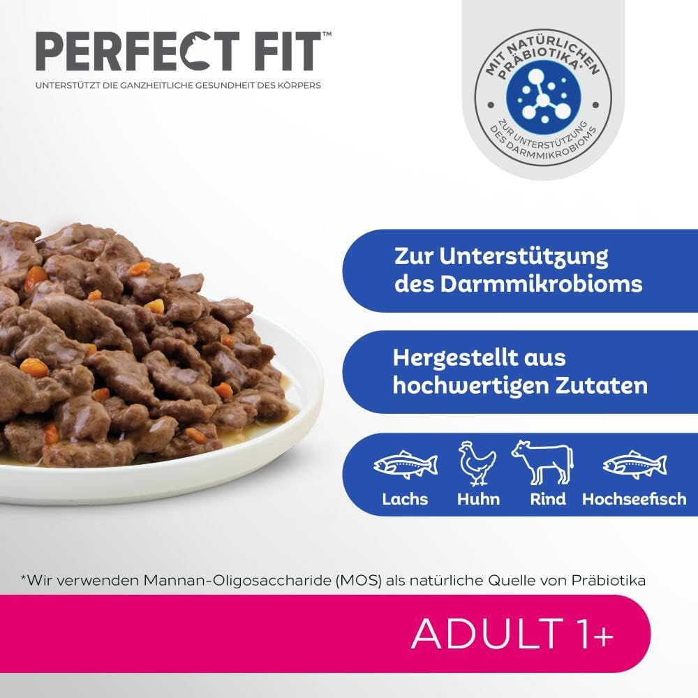 Perfect Fit Adult 1+ Nassfutter-Auswahl mit Lachs, Tiefseefisch, Rind und Huhn, 48 Beutel, 12x85g (4er-Pack) – Premium-Nassfutter für ausgewachsene Katzen ab 1 Jahr