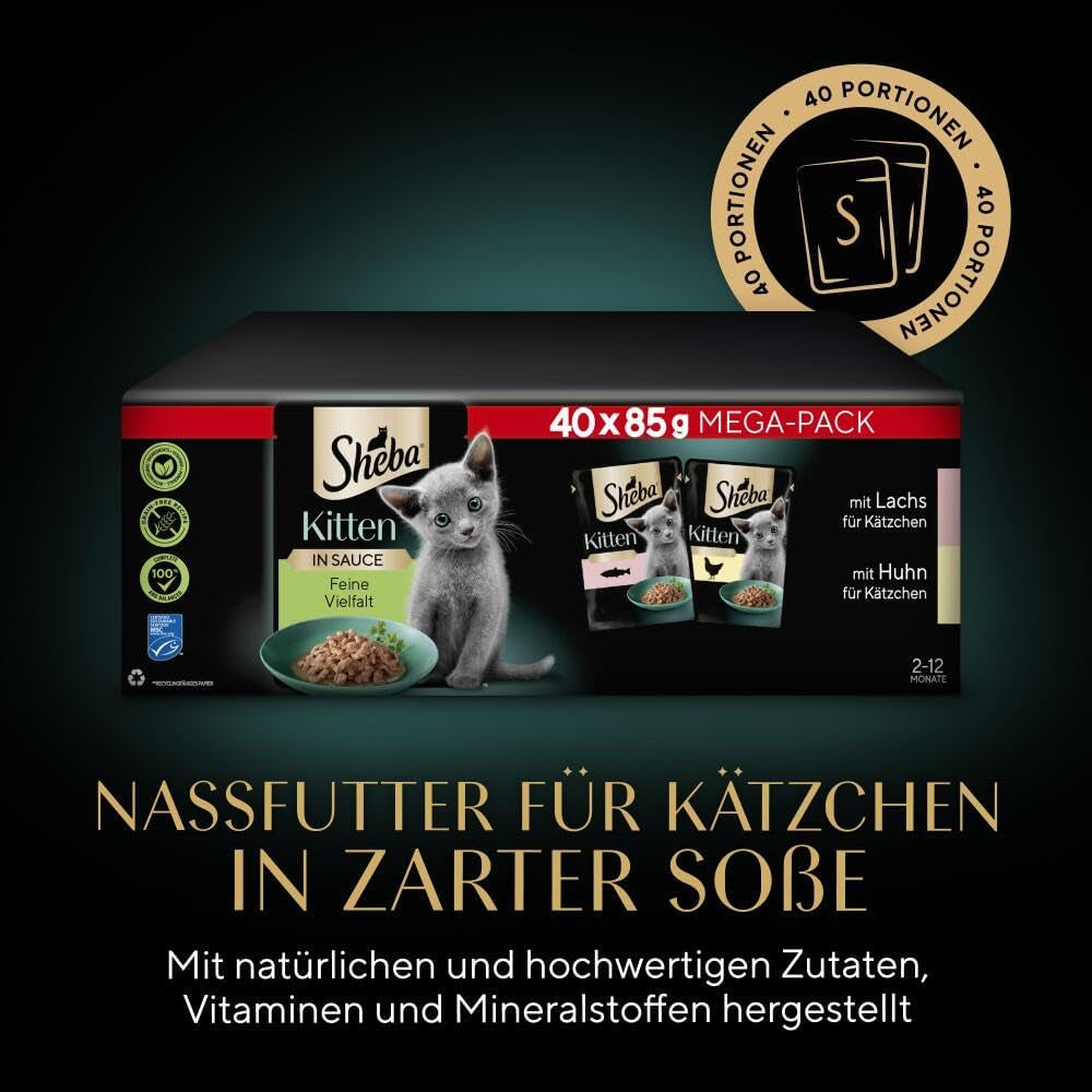 Sheba Nassfutter für Kätzchen, in sortierten Beuteln, mit Lachs (MSC) und Huhn in Sauce, Multipack 40x85g