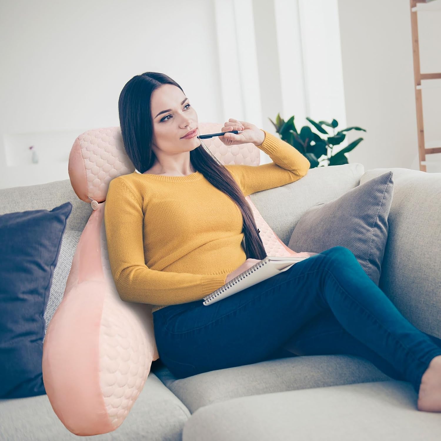 Lesekissen, Bettkissen, extra großes Rückenkissen für Erwachsene, 70 x 50 cm, zum Lesen mit abnehmbarer Nackenrolle und Stützarm, bequemes Lesekissen für Bett und Sofa (Rosa, extra groß)