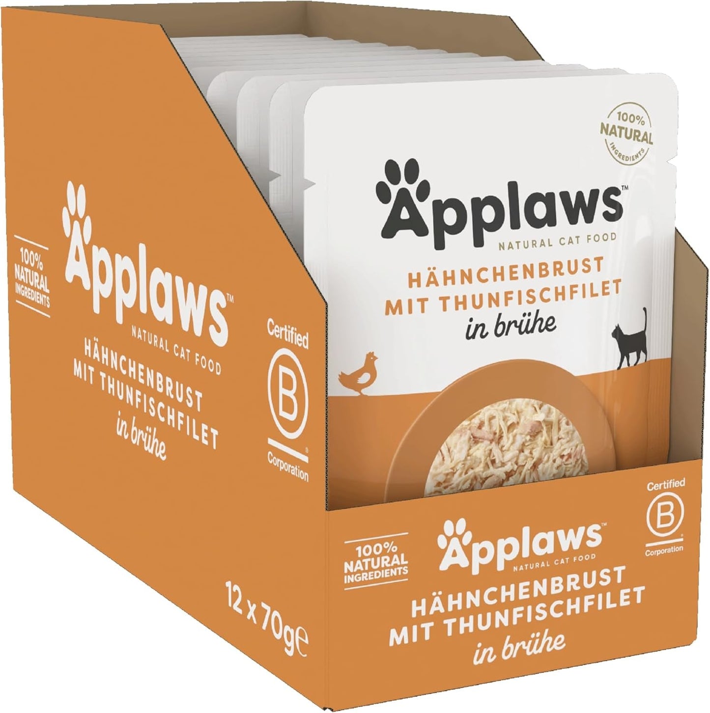 Applaws 100 % natürliches Nassfutter für Katzen, Hühnerbrust mit Tunfischfilet in Brühe – Packung mit 12 x 70 g Beuteln