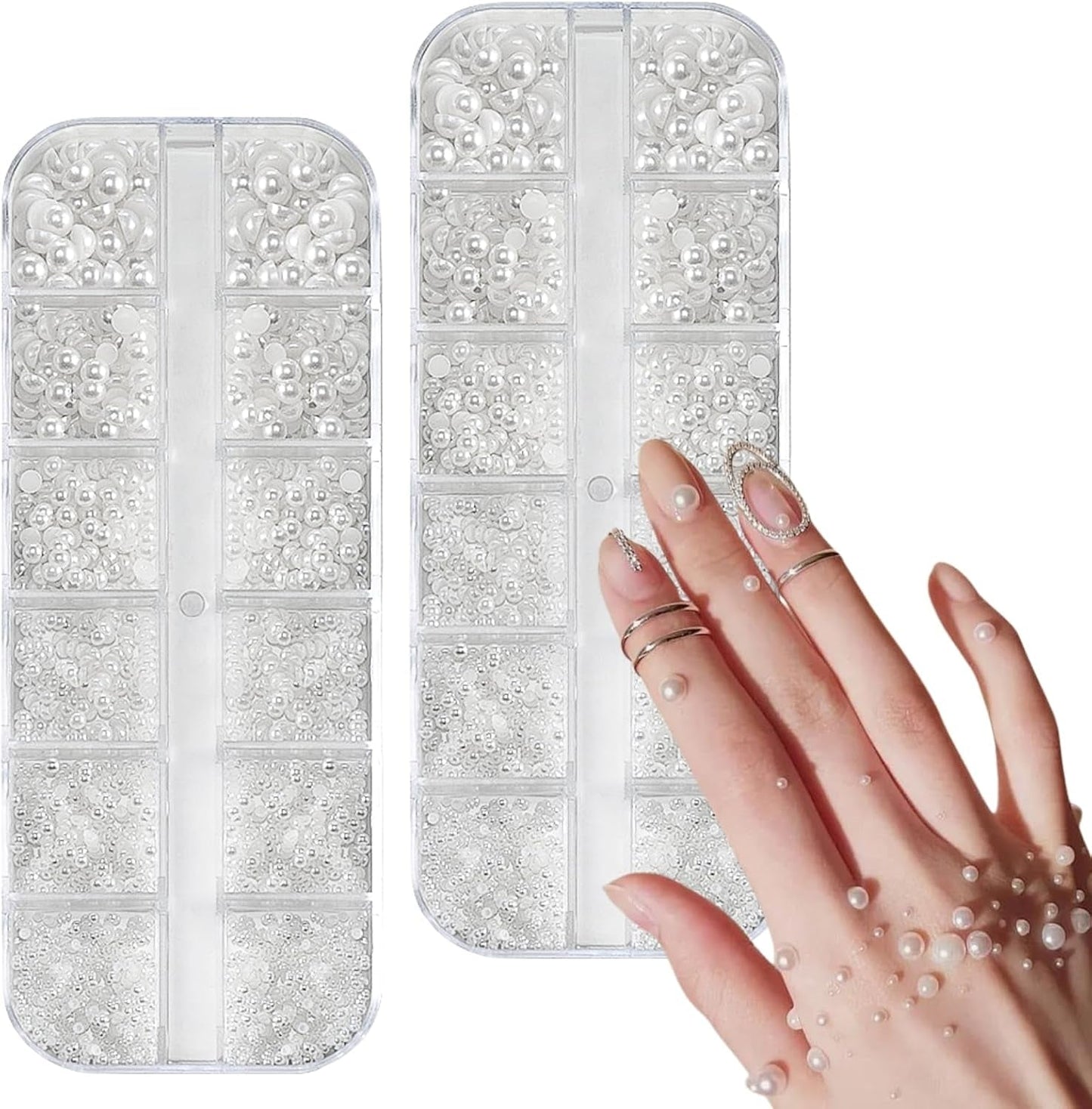 12 Größen Nail Art Perlen, Flache Perlen, Nail Art Accessoires, Halbkreis Nagelperlen, Weiße Nail Charms Und Glitzersteine ​​​​Nägel Für Nail Art Design, DIY Basteln, Alltag, Hochzeit (2 Boxen)