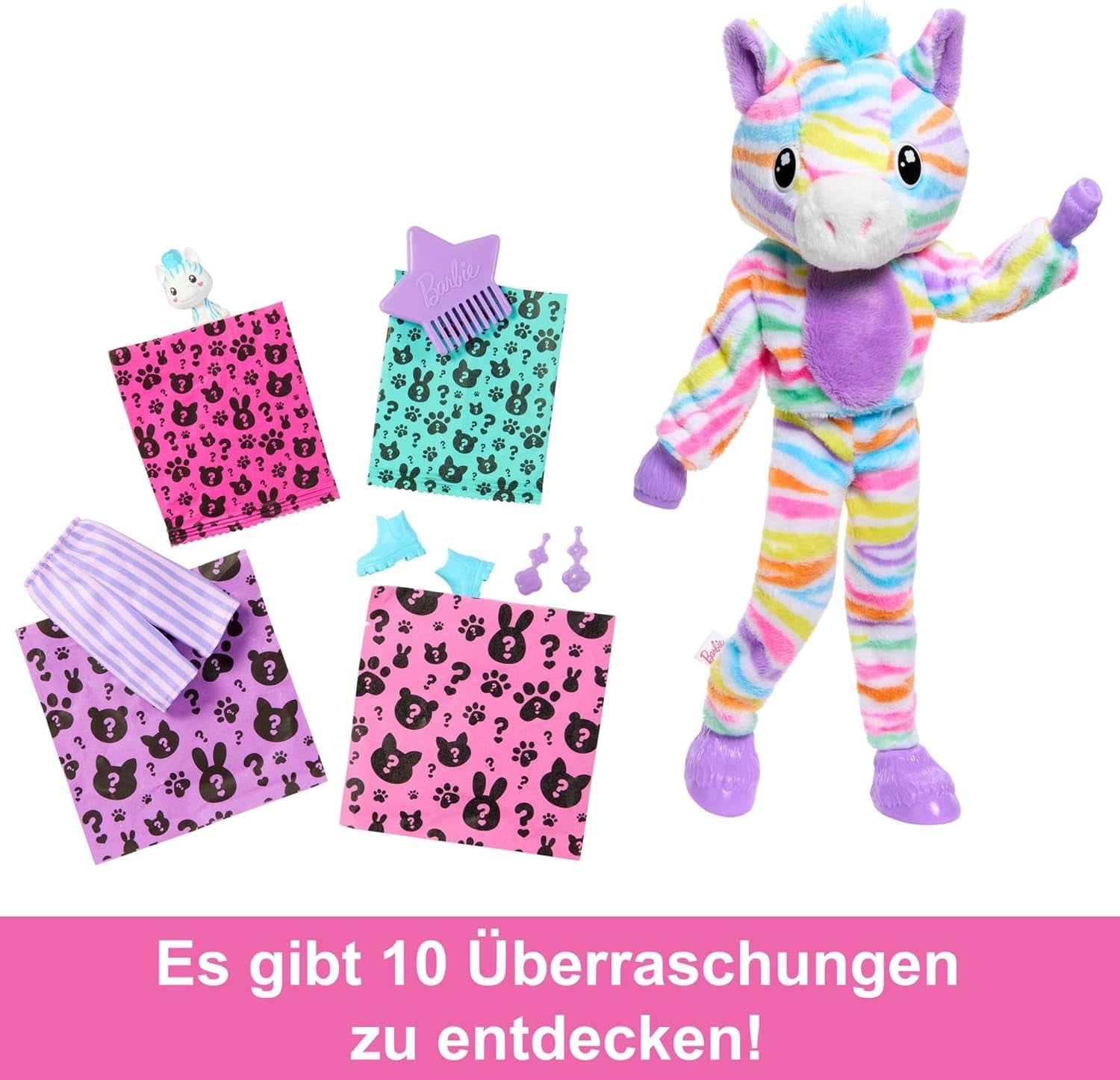 Barbie Cutie Reveal-Puppe und Zubehör, Regenbogen-Zebra-Plüsch-Outfit und 10 farbwechselnde Überraschungen, Color Dream-Reihe, HRK39
