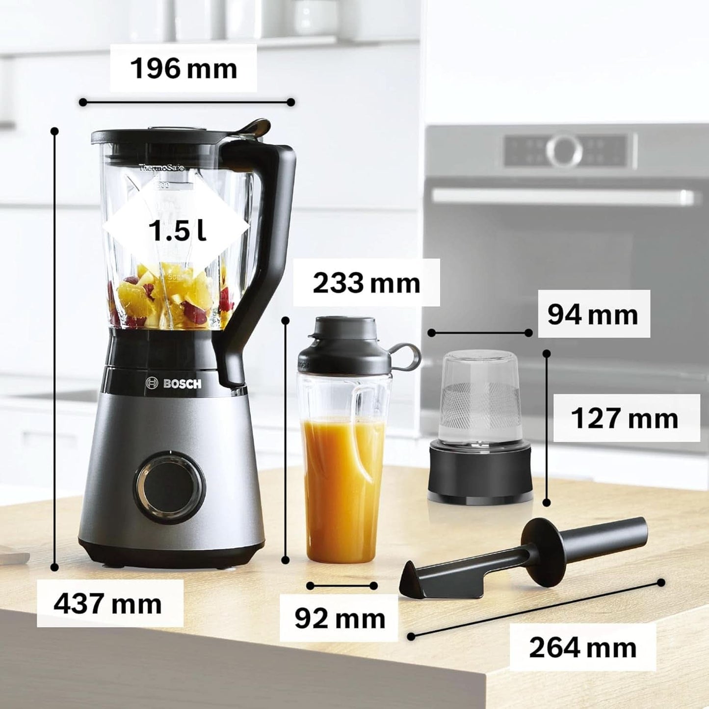 Bosch Standmixer Vitapower Serie 4 MMB6177S, Edelstahl-Klingen Made in Germany, 1,5L Thermosafe Glasbehälter, 0,6L To-Go-Flasche, Stopfer, Universalzerkleinerer, 30.000 U/Min, 1200 W, Silver Kitchen Naty Shop