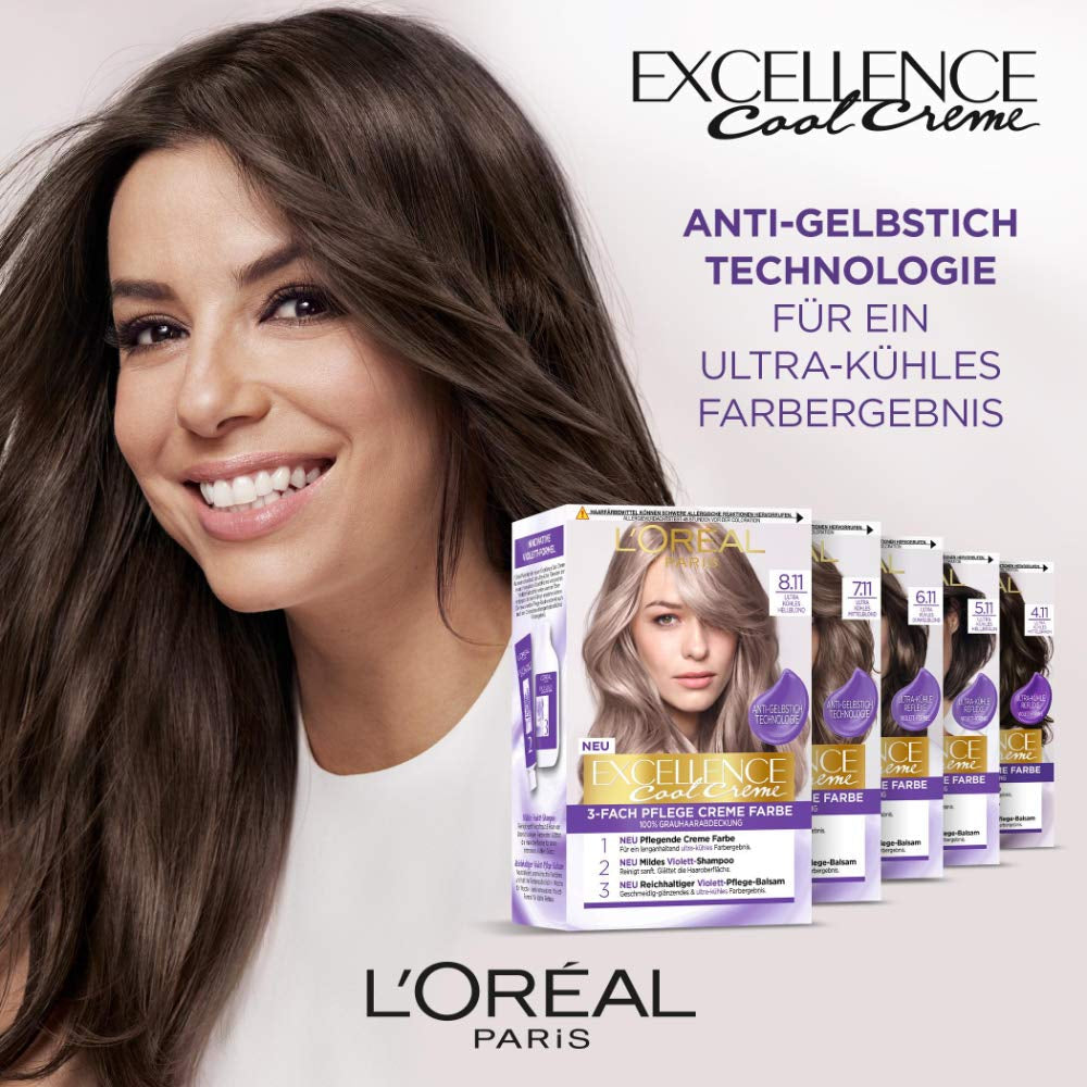 L'Oréal Paris Permanente Haarfarbe mit ultra coolem Farbergebnis, 100 % Abdeckung grauer Haare, Set mit Coloration, Shampoo und Pflegecreme, Excellence Cool Creme, Nr. 7.11 Ultra cool medium blond (Blond) Naty Shop Haarfarbe