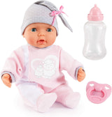 Bayer Design 93829AA My Piccolina interaktive Puppe mit Funktion, Sprechende Puppe, Beweglicher Mund, 38 cm, Schnuller, Babyflasche, Rosa, Grau