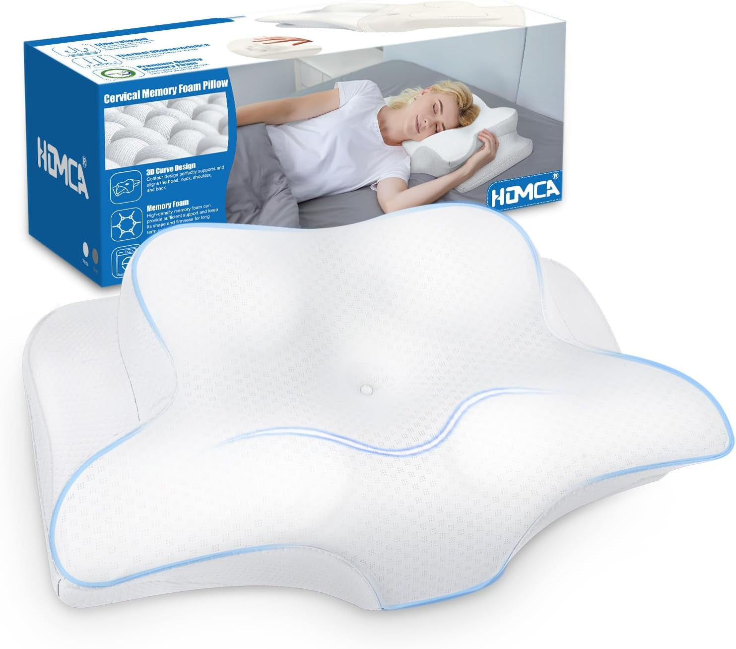 HOMCA Nackenkissen, ergonomisches Memory-Schaum-Kissen, 3D-Kühlkissenbezug für Rücken-, Seiten- oder Bauchlage, 62 x 41 x 9,5/12,5 cm, orthopädische Nackenkissen, Naty Shop, Weiß