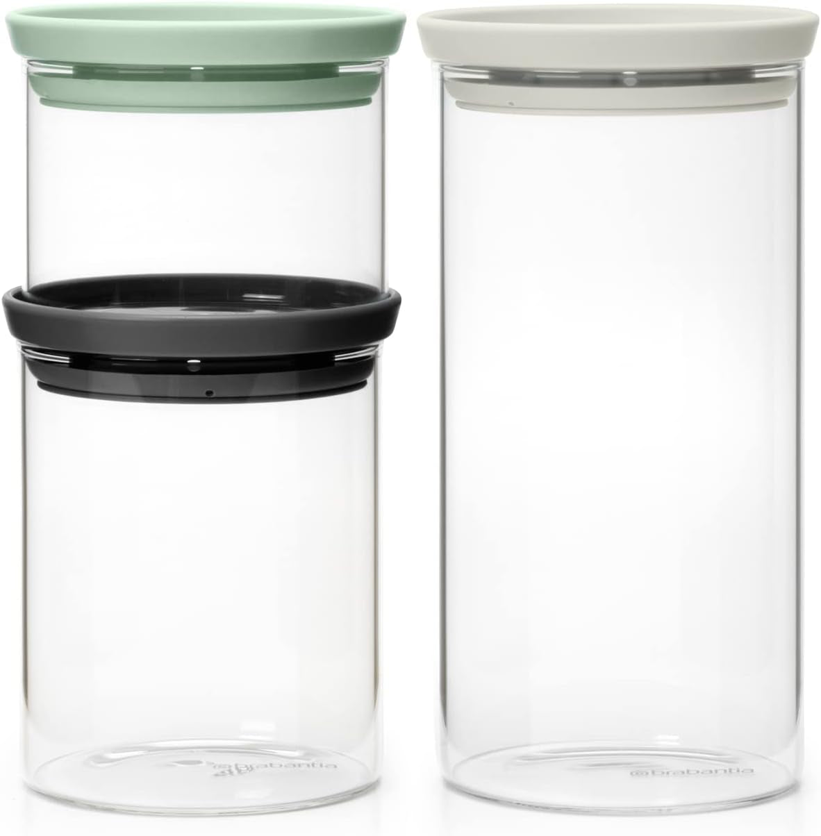 Brabantia – Stapelbarer Glasbehälter mit Deckel – 3er-Set – Lebensmittelaufbewahrung – hält Lebensmittel länger frisch – Silikondichtung – spülmaschinenfest – Dunkelgrau/Hellgrau/Jadegrün – 0,3 l/0,6 l/1,1 l Lebensmittelaufbewahrungsboxen Naty Shop Standardtitel