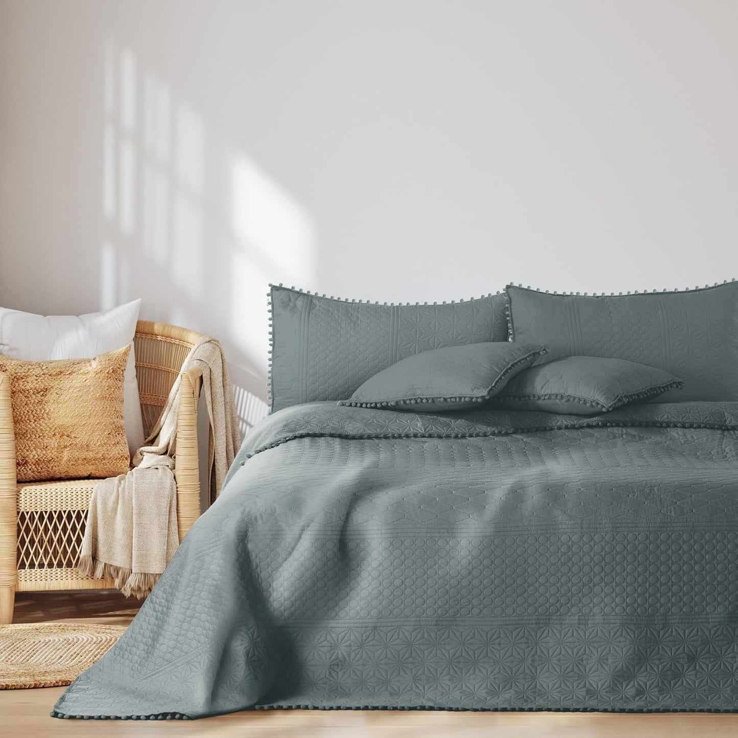 Ameliahome Tagesdecke mit Pompons, 220 x 240 cm, doppelseitige Tagesdecke, Ultraschall-Steppung, Polyester, Meadore, Grau, Betten und Decken, Besuche den AmeliaHome-Store Meadore grau, 220 x 240 cm