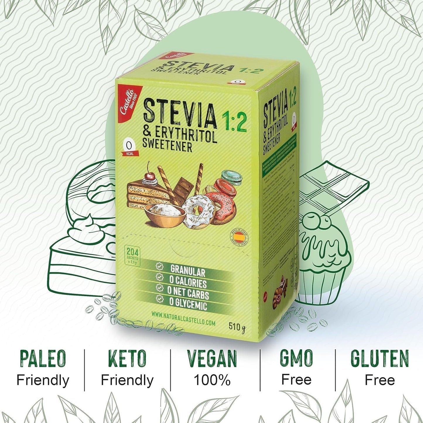 Stevia + Erythritol 1:2 Süßstoff | 204 Mythosbeutel 2,5 G | 100% Natürlicher Zuckerersatz - 0 Kalorien - 0 Glykämischer Index - Keto Und Paleo - 0 Kohlenhydrate - Kein GVO - Castello seit 1907-510 G Sweeteners Naty Shop