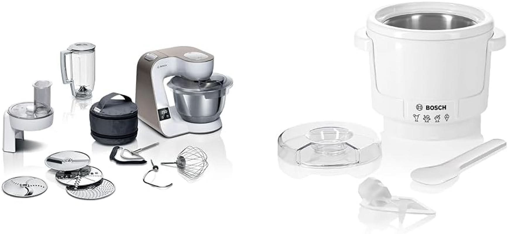 Bosch Serie 4 MUM5X720 Küchenmaschine, integrierte Waage, Edelstahlschüssel 3,9 l, Mixer 1,25 l, 1000 W Zubehör Essen und Stillen Bebe Naty Shop Paket mit Eismaschine Champagnerweiß 2 Zubehörteile