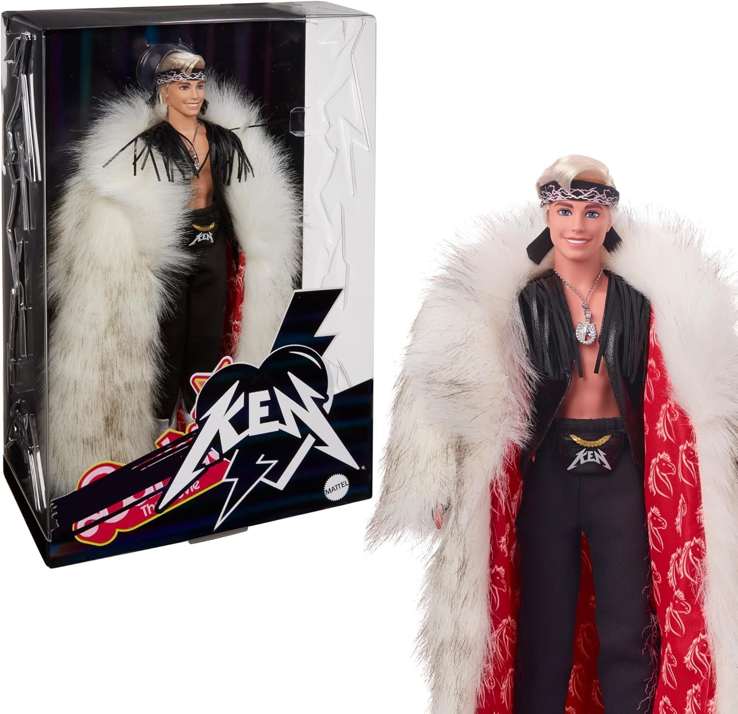 Barbie The Movie-Sammlerpuppe Ken mit großem Kunstpelzmantel und schwarzer Fransenweste mit Bandana, HRF31