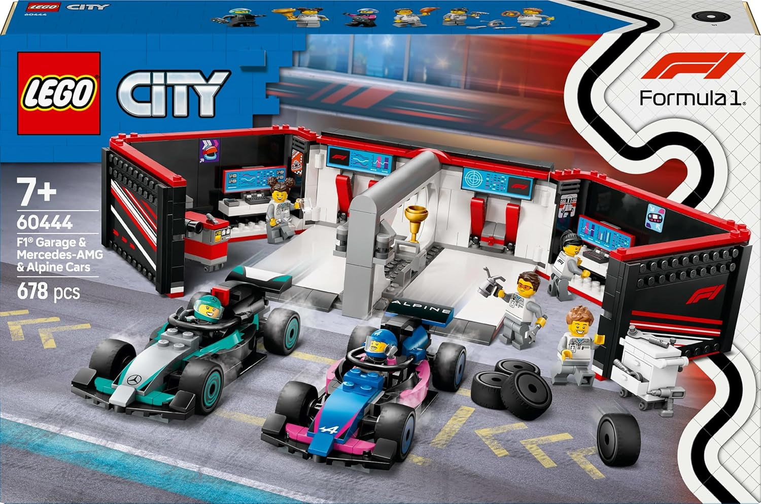 LEGO City F1-Garage mit Mercedes-AMG- und Alpine-Rennwagen – Formel-1-Rennwagen mit 2 Fahrern und 4 mechanischen Minifiguren – Geschenk für Jungen und Mädchen ab 7 Jahren und Fans 60444 Besuche den LEGO-Store Bausets