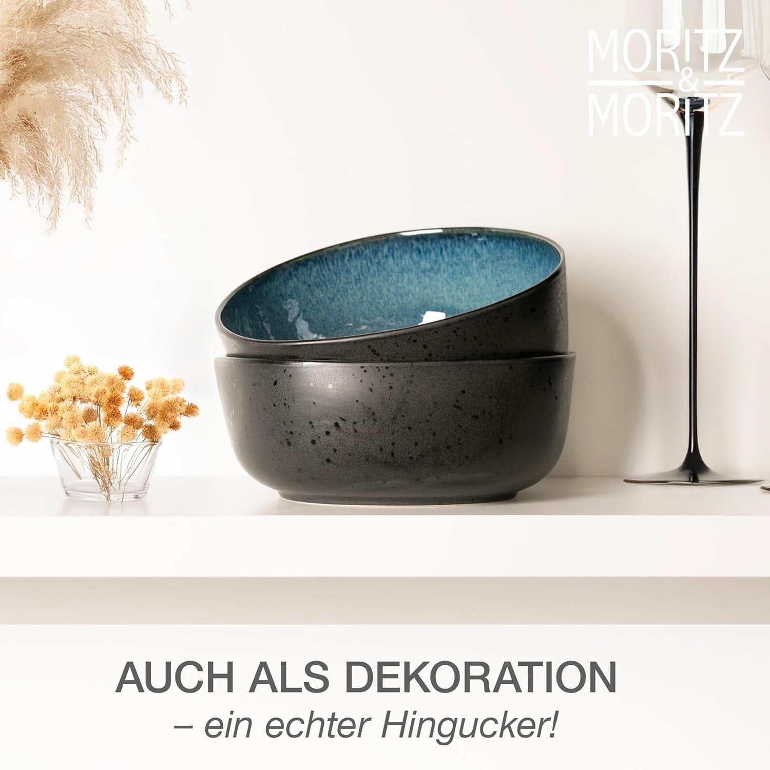 Moritz & Moritz ORGANIC Servierschalen-Set, Blau – 2 große hochwertige Steinzeugschalen, modern und zeitlos, mikrowellen- und spülmaschinenfest – perfekt für Salate, Pasta, Snacks und mehr