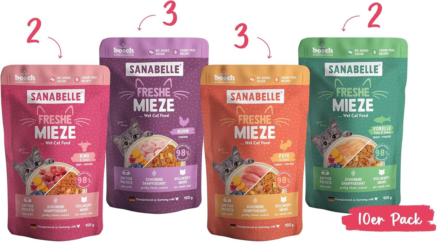 Sanabelle Freshe Mieze - Mixtray | 10 x 100g Mixpack | 4 köstliche Sorten Katzenfutter zum Probieren | Gedämpftes Nassfutter für Katzen, wie frisch gekocht