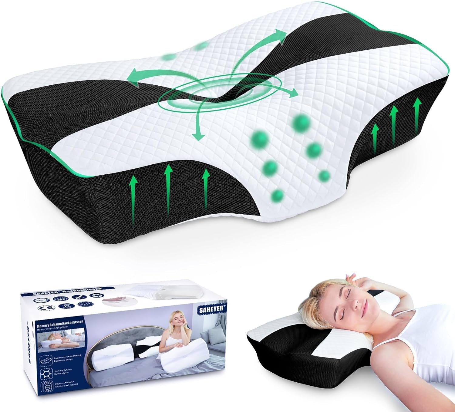SAHEYER orthopädisches Kissen Nackenstützkissen Kopfkissen ergonomisches Nackenkissen Seitenschläferkissen 60 x 40 x 13/11 cm Memory-Schaum-Kissen für Seitenschläfer Rücken und Bauch Zervikale orthopädische Kissen Naty Shop Schwarz