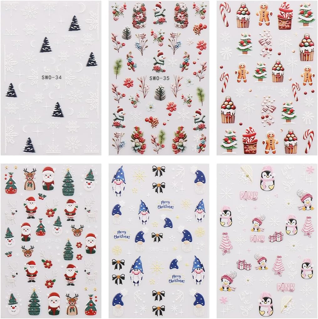 JMEOWIO Nagelsticker Weihnachten 6 Blatt Nail Art Sticker Selbstklebend Nagelaufkleber Schneeflocke Winterurlaub Niedliche Dekoration Nageldesign Zubehör