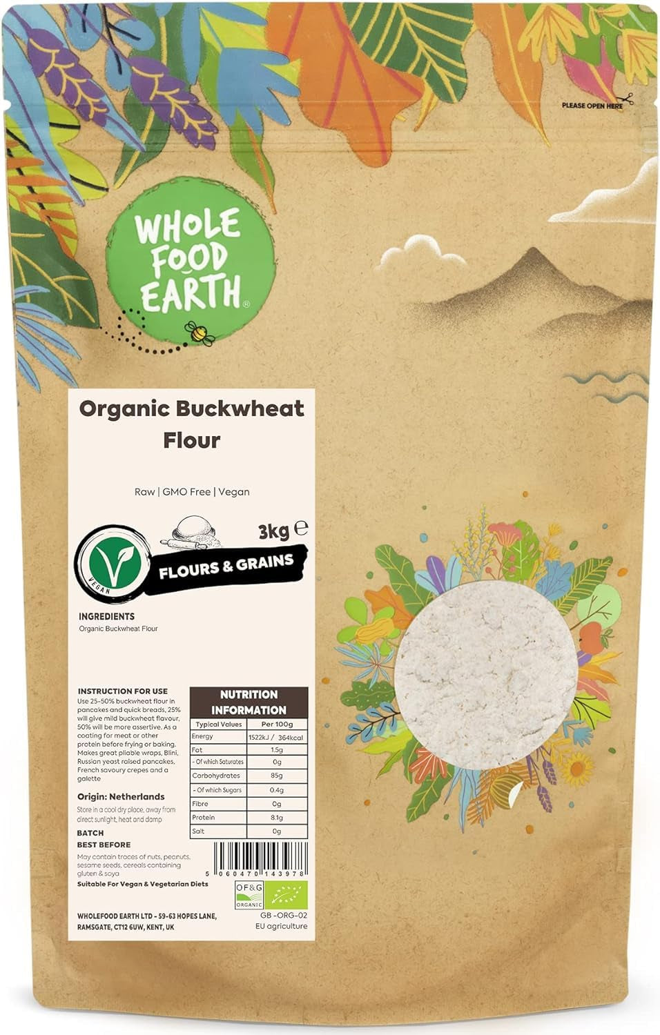 Wholefood Earth Bio-Buchweizenmehl 1 kg | Grausam | GVO-frei | Vegan | Bio-zertifiziert