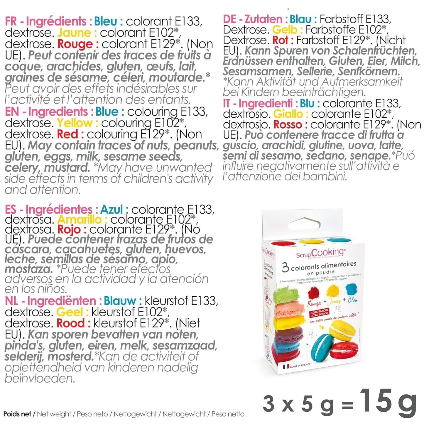 ScrapCooking, Set mit 3 pulverförmigen Lebensmittelfarben – rot, gelb, blau, 3 x 5 Gramm Naty Shop