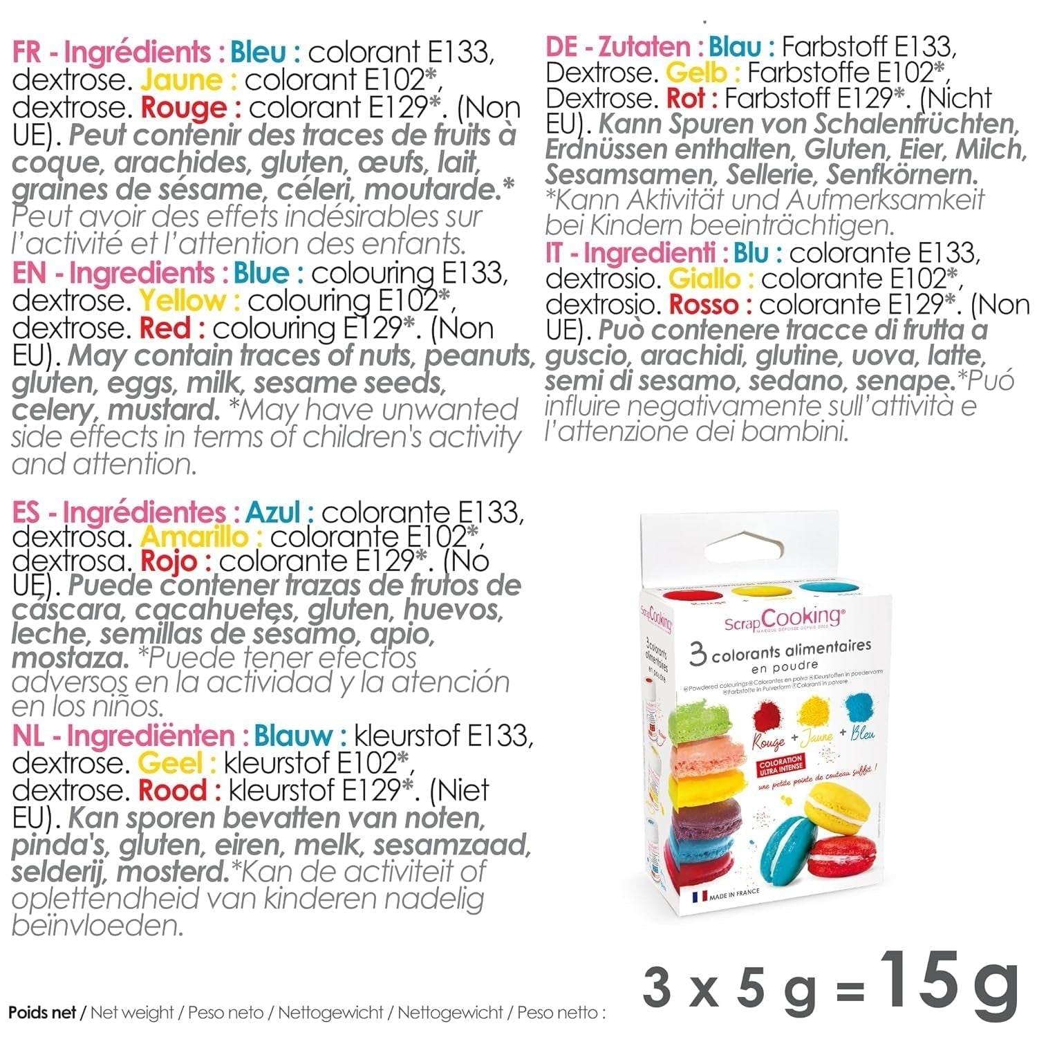 Scrapcooking – Set mit 3 Pulver-Lebensmittelfarben – Rot, Gelb, Blau – Lebensmittelfarbe zum Backen, Kuchen, Plätzchen, Plätzchen, Teig, Fondant, Regenbogenkuchen – 4011