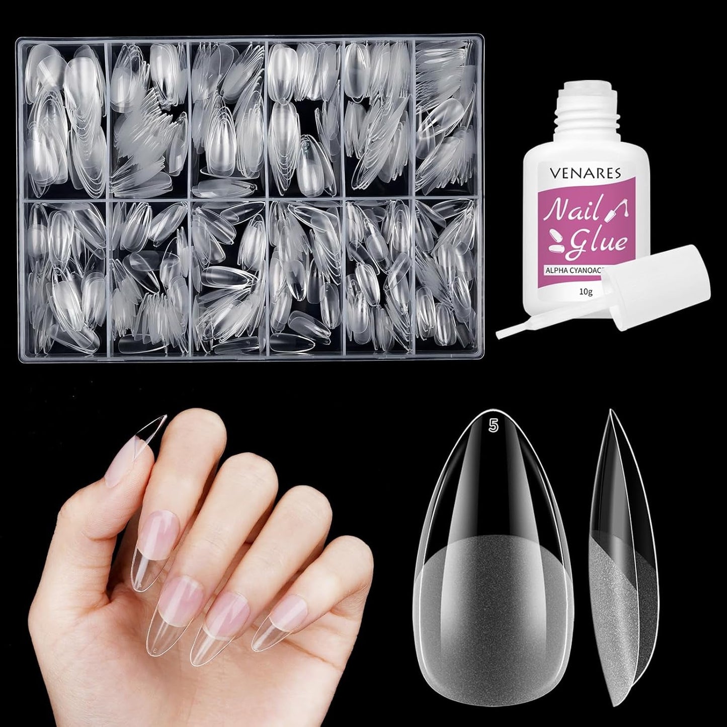Kurze künstliche Nägel, Ballerina, 500 Stück, zum Aufkleben, 12 Größen, künstliche Nägel, kurze, weiche Gel-Nagelspitzen mit vollständiger Abdeckung für Gelnägel, kurz S