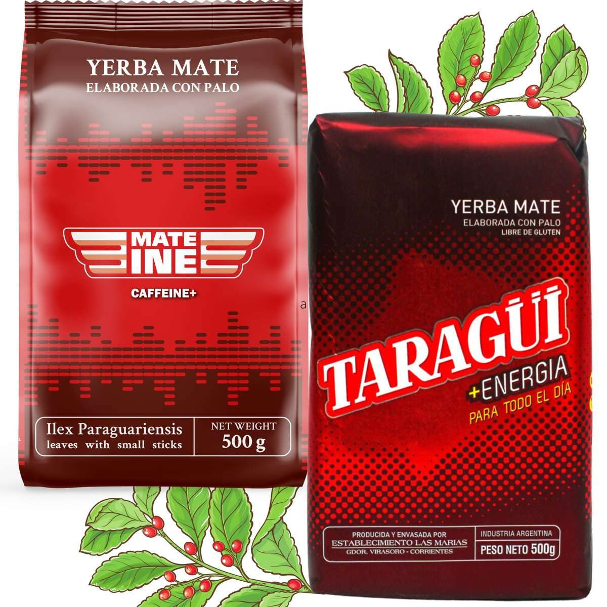 Mate Energy Koffein-Teeset | Yerba Mate Taragui Energietee 500 g | Koffein-Mate-Tee | Alternative zu koffeinhaltigen und Energy-Drinks | Yerba Mate Tee mit ganzen Blättern 1 kg