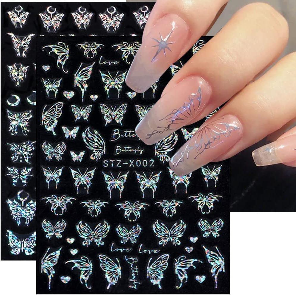 6 Blatt Schmetterling Nagelsticker Selbstklebend Laser Silber Schmetterlings Nagelaufkleber 3D Aurora Silber Schwarz Schmetterlinge Nagel Aufkleber Frühling Nageldesign Nail Sticker Nail Art Zubehör