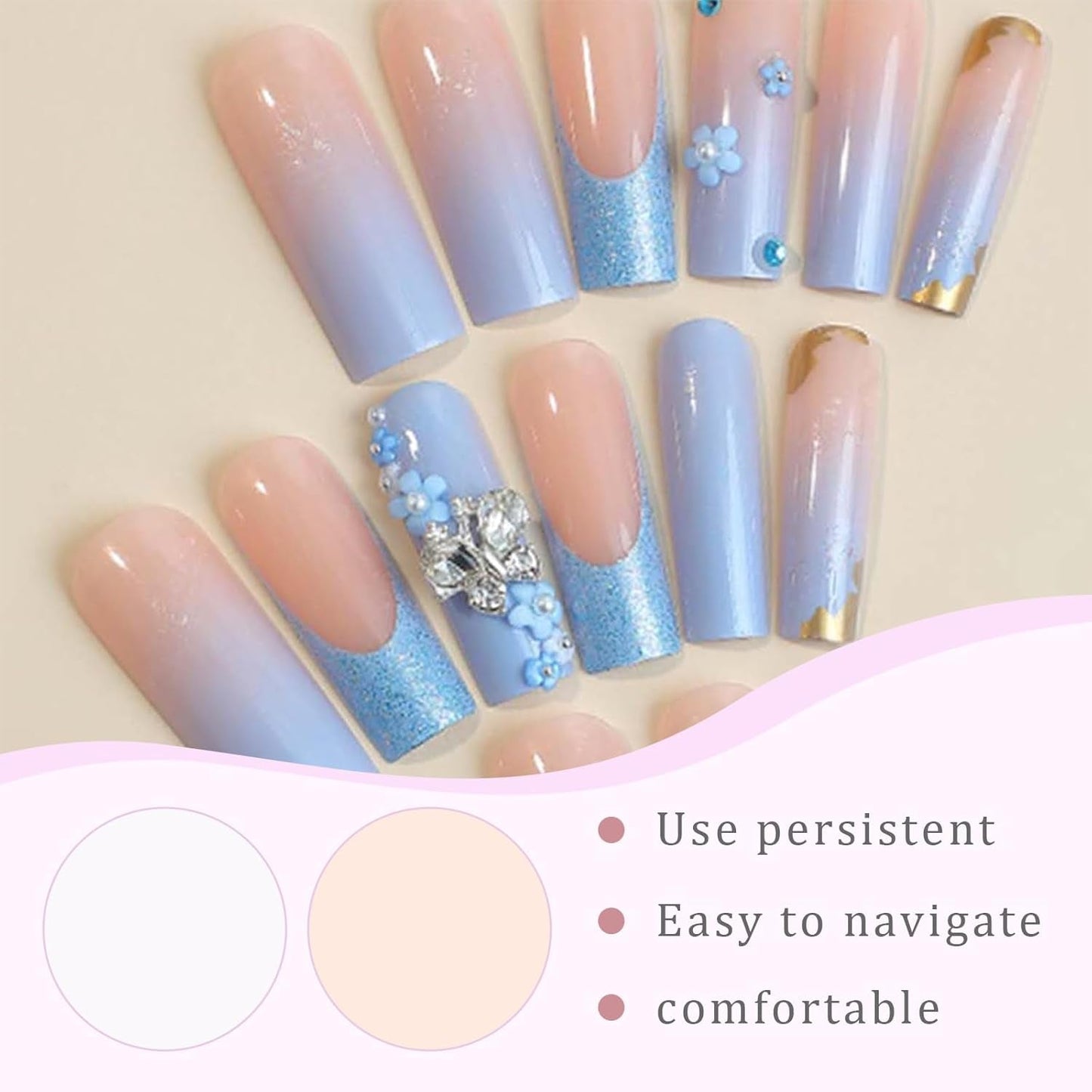 24 Stück Schmetterlingsblaue künstliche Nägel, quadratisch, zum Aufdrücken, französische lange, glitzernde, glitzernde Strass-Falschnagelspitzen