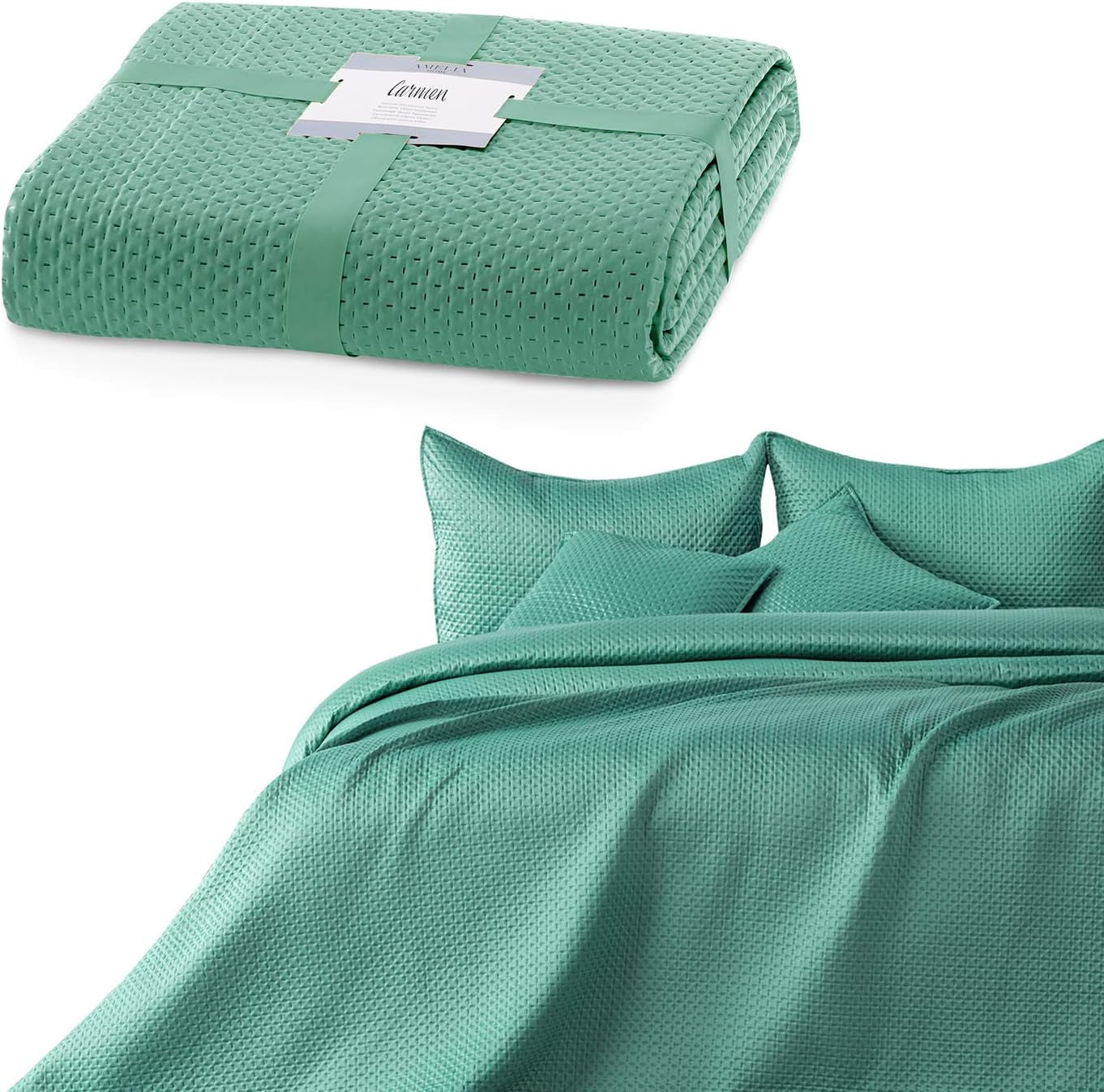 Ameliahome Tagesdecke 200 x 220 cm, dunkelgrüne Tagesdecke mit zwei geprägten Seiten, mattes Satin, Carmen-Betten und Decken. Besuchen Sie den AmeliaHome-Store Carmen, Pistaziengrün, 220 x 240 cm