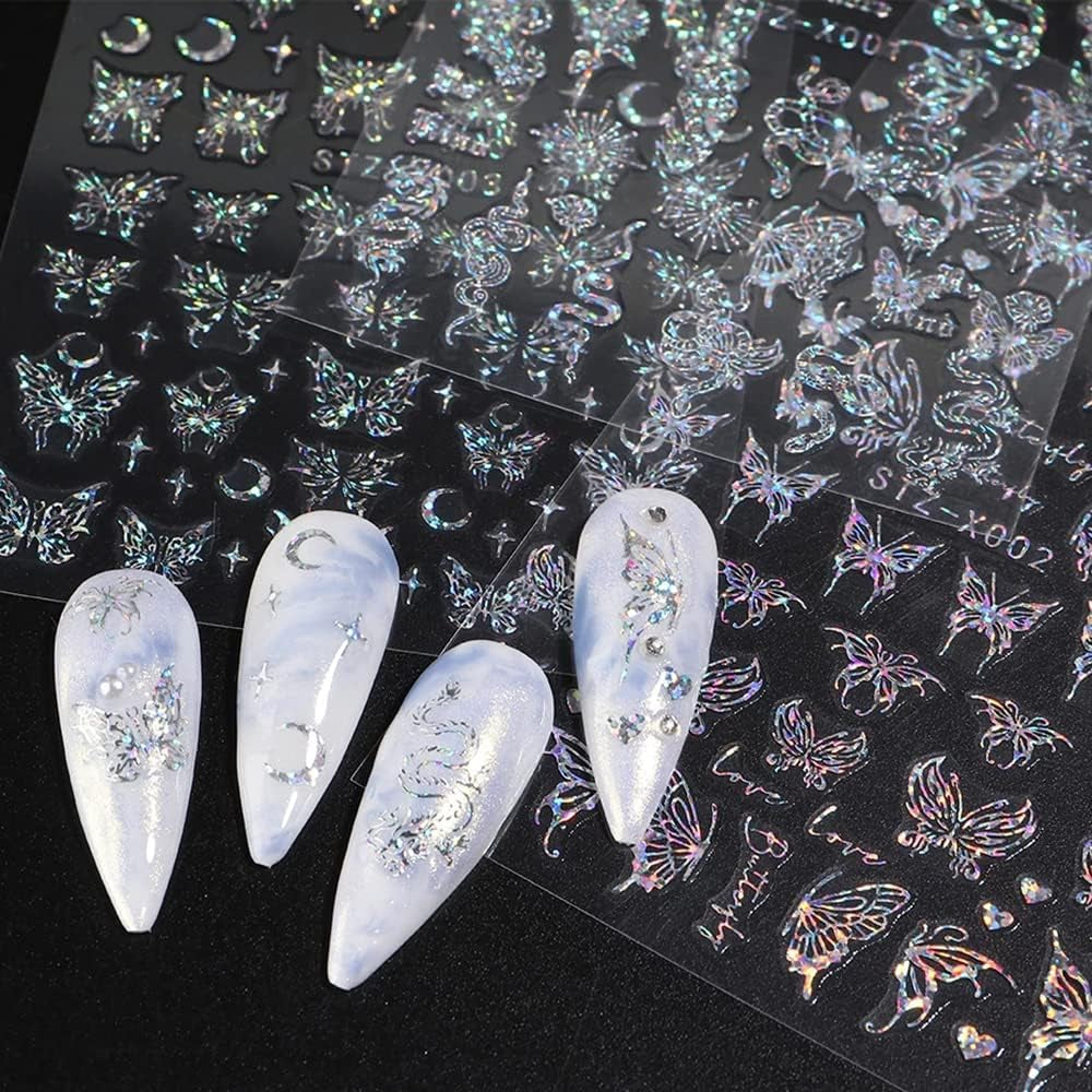 6 Blatt Schmetterling Nagelsticker Selbstklebend Laser Silber Schmetterlings Nagelaufkleber 3D Aurora Silber Schwarz Schmetterlinge Nagel Aufkleber Frühling Nageldesign Nail Sticker Nail Art Zubehör