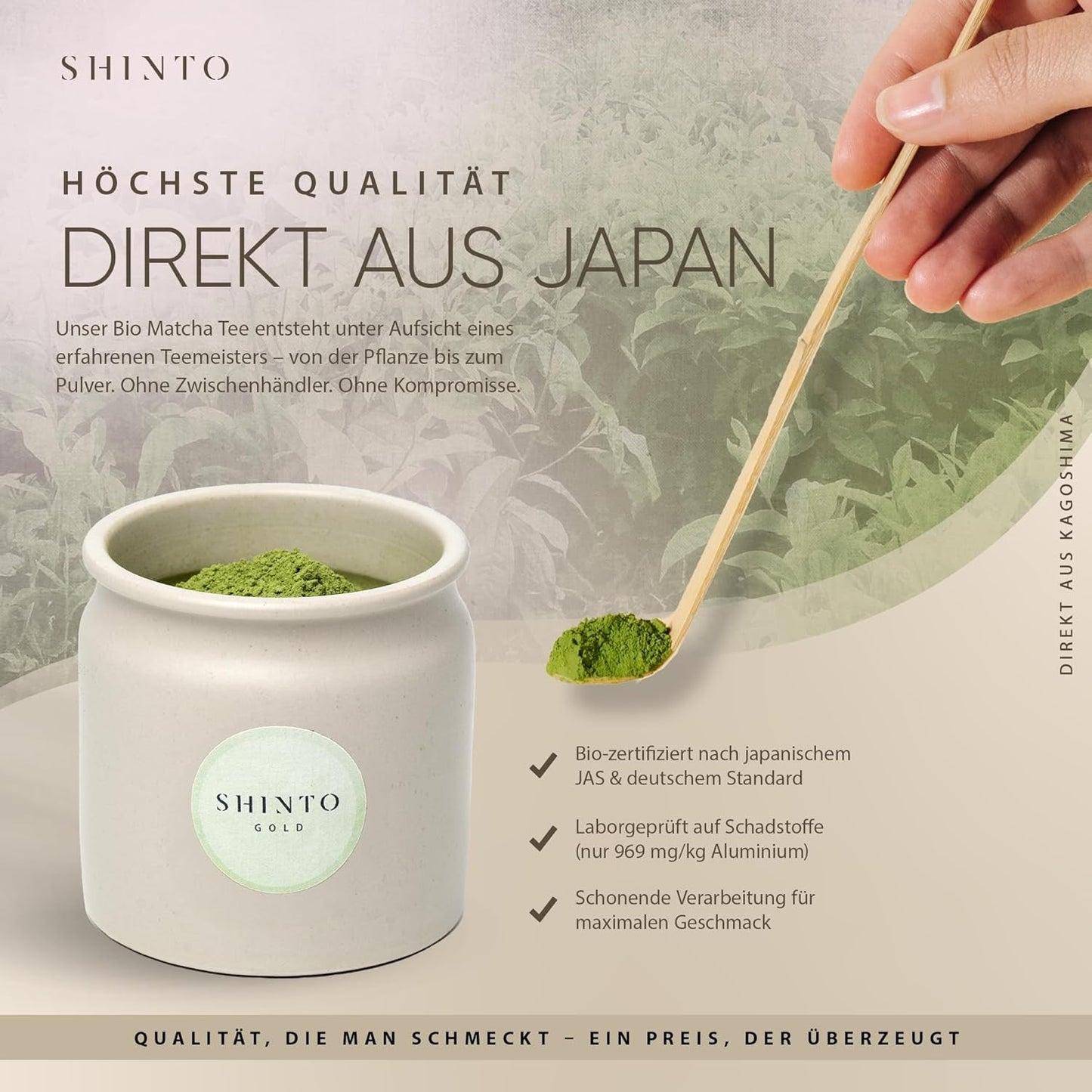Shinto – „Gold“ Bio-Matcha-Tee – Grüntee-Pulver in Zeremonienqualität – JAS- und EU-BIO-zertifiziert – schattiert und handverlesen – Direktimport aus Uji, Japan – 30 g