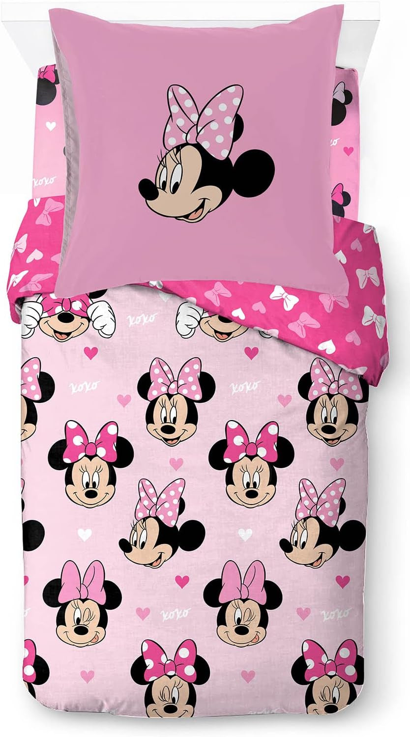 Bettwäsche für Kinder, Disney-Figuren, 100 % Baumwolle Bettwäsche – Kinder Naty Shop Pink – Minnie Mouse 135X200/80X80 (3 Stück)