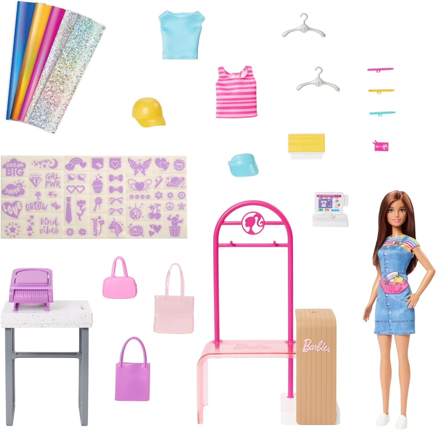 Barbie Fashion Boutique Spielset – Puppe mit Folienmuster, über 150 originelle Looks, inklusive 2 Blusen und 5 Folienlaken, Kleiderständer und Kreditkartenleser, ab 3 Jahren, HKT78