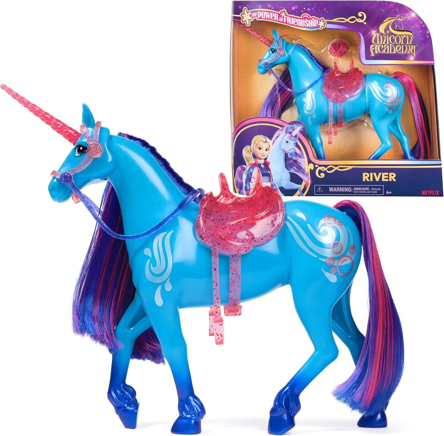 Unicorn River Einhorn-Akademie – 28 cm hohes, originales Isabel-Einhorn aus der Netflix-Serie, mit echter Mähne und Schweif, abnehmbarem Zaumzeug und Sattel sowie Bürste, für Kinder ab 4 Jahren