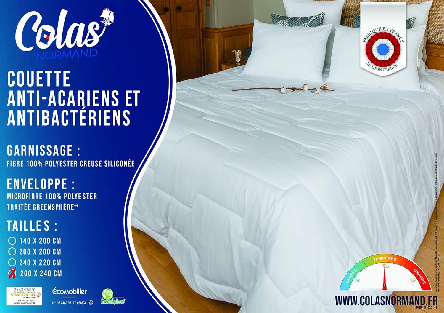 COLAS NORMAND Steppdecke, milbenhemmend und antibakteriell, leicht, 260 x 240 cm, langanhaltende Wirkung, perfekte Hygiene, Mikrofaser, weich und bequem, waschbar, weiß 53130250 Steppdecken und Steppdecken Naty Shop