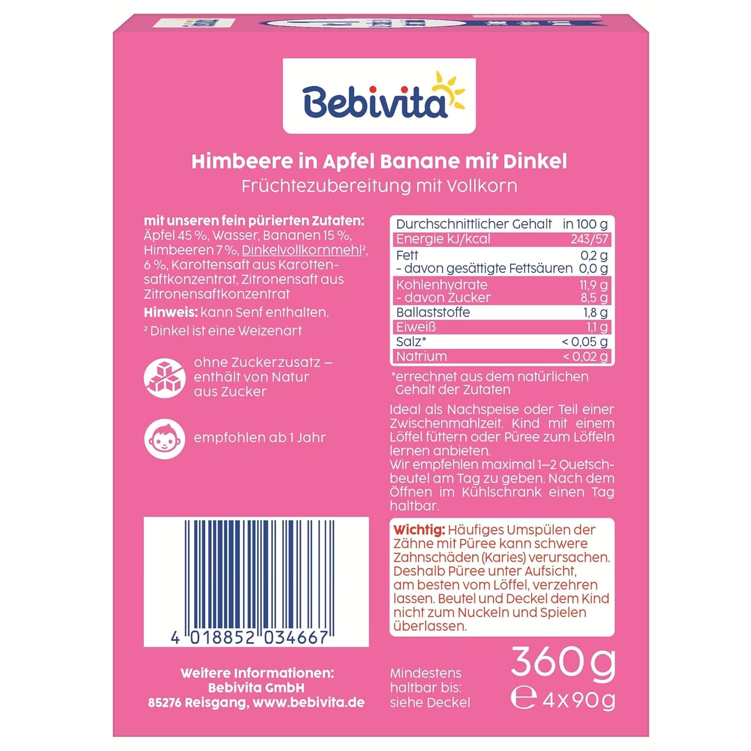 Frucht-, Himbeer-, Apfel-, Bananen- und Dinkel-Quetschbeutel – 16 Stück (4er-Packung, je 4 x 90 g), ohne Zuckerzusatz, hergestellt aus Beerenfrüchten und vollwertigem Getreide, ideal für Snacks zum Mitnehmen und zum Selbstverzehr