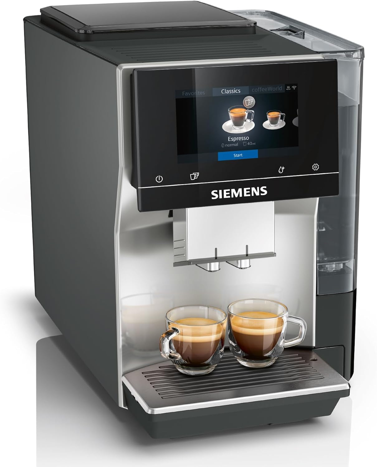 Automatische Espressomaschine Siemens EQ700 classic TP715D01, App-Steuerung, Cold Brew, intuitives Touch-Display, bis zu 10 individuelle Kaffeekreationen als Favoriten, automatische Dampfreinigung, 1500 W, silbergrau