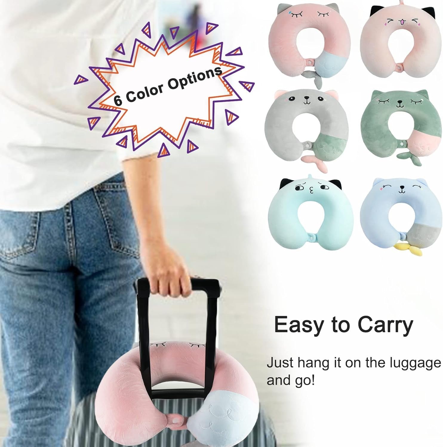 Nackenkissen, Kinder-Nackenkissen für Flugzeug, Auto, Zug, Reisen, Erwachsene, Memory-Schaum-Reisekissen, niedliches Tiermuster, U-förmiges Kissen, abnehmbarer Bezug (Pink2), orthopädische Nackenkissen von Naty Shop