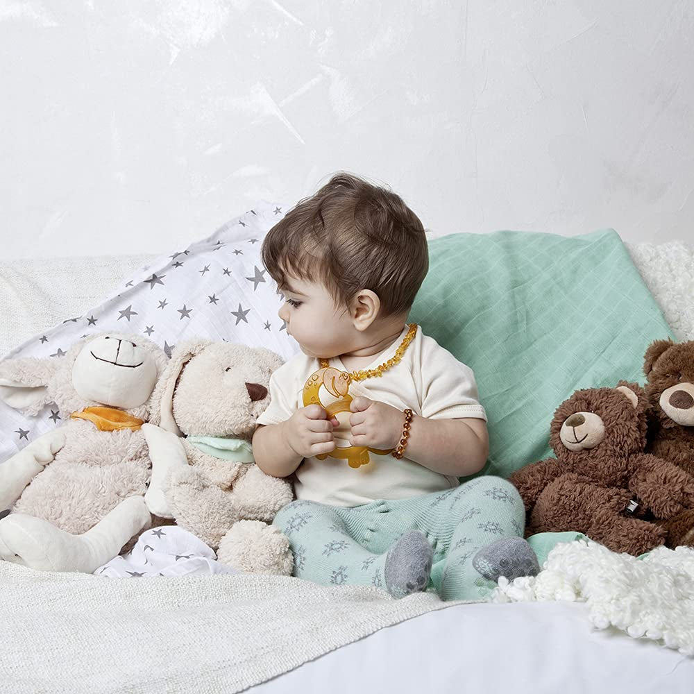 GRÜNSPECHT Bio-Beißring aus Naturkautschuk für zahnende Babys, massiert das Zahnfleisch, BPA-frei, weich, fördert die Feinmotorik, Dinosaurier-Muster (639-V1)