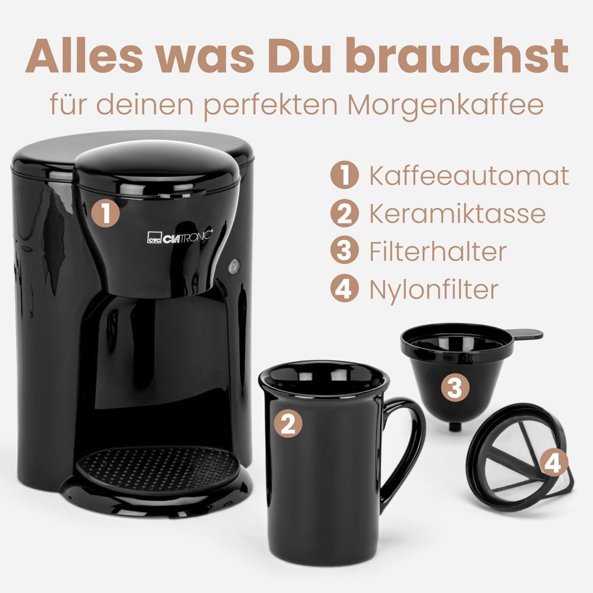 Clatronic® 1-Tassen-Kaffeemaschine | Perfekte Espressomaschine für Singles | Espressomaschine mit Filter, inklusive Keramiktasse | Kleine Espressomaschine mit Filter, ideal für unterwegs | KA 3356