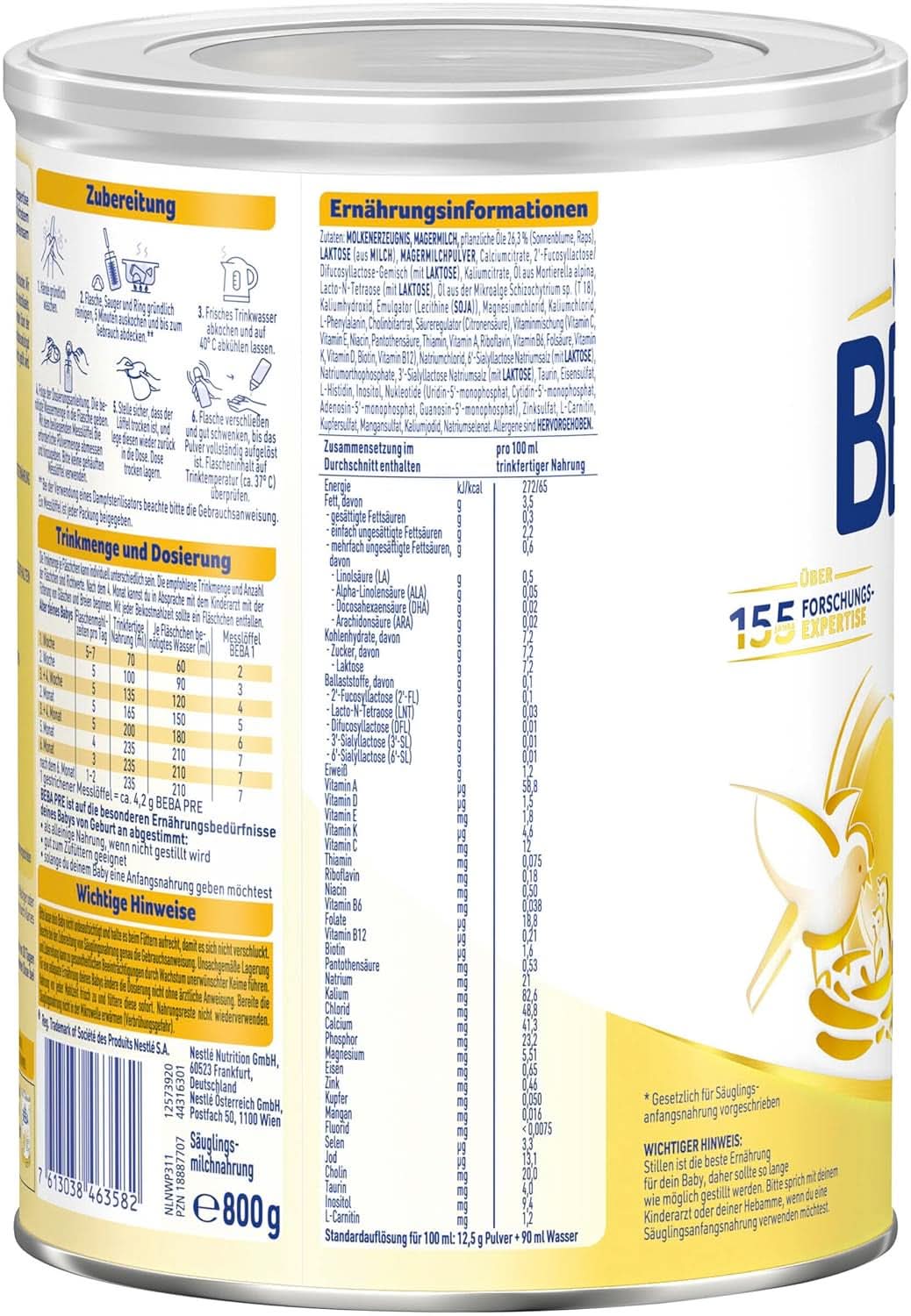 BEBA PRE Anfangsmilch von Geburt an, Babynahrung mit DHA, nur Laktose, ohne Palmöl, Packung 3 (3 x 800 g) Naty Shop